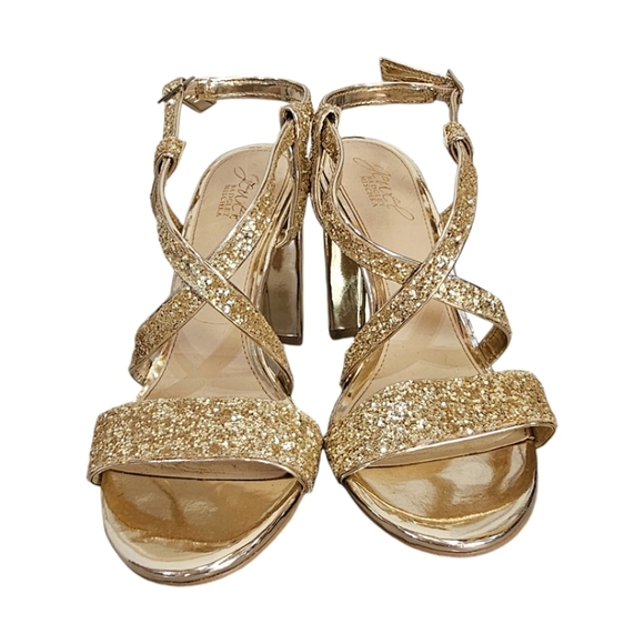 Badgley Mischka Jewel Heels Sz 8 Gold Glitter Sparkle New Years Cocktail Strappy - Picture 6 of 12